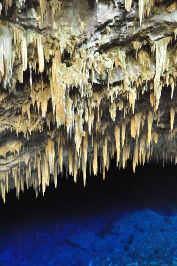 A água azul e os estalactites amarelos formam um grande contraste na Gruta Azul, em Bonito, no Mato Grosso do Sul